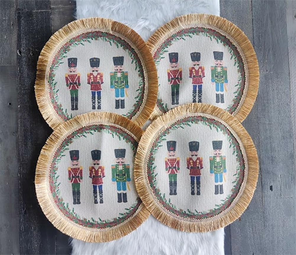 Fennco Styles Nutcracker Fringe Holiday Placemats 13" Round, Set of 4 - Multicolored Soldier Print Festive Table Mats for Christmas Décor, Banquet, Family Gathering and Special Events