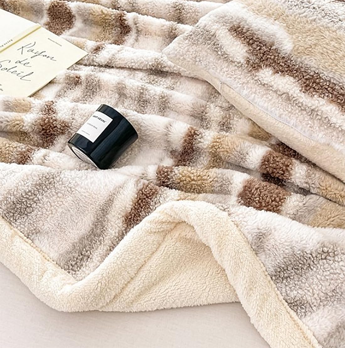 Fennco Styles Beige Stripe Fuzzy Faux Fur Fleece Throw Blanket 60" W x 80" L – Reversible Plush Fluffy Soft Blanket for Home, Couch, Bedroom, Living Room, Office, and Holiday Décor
