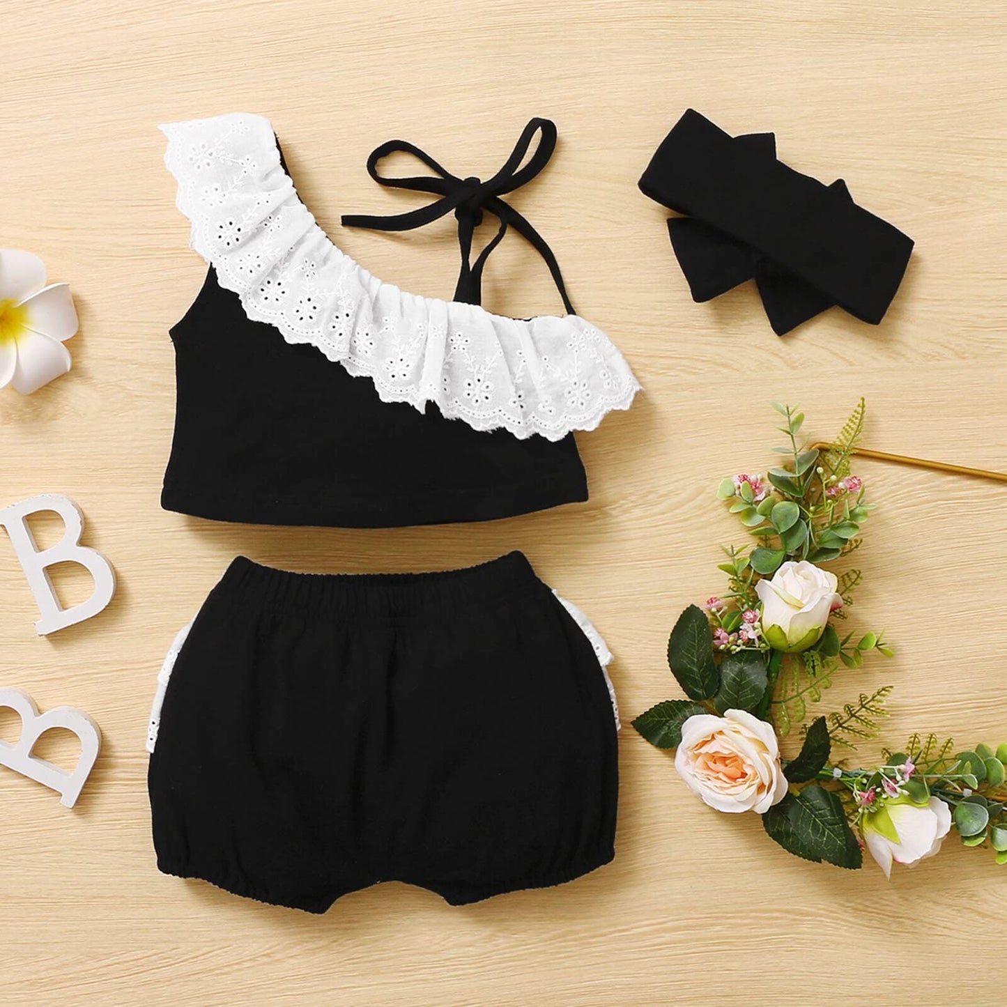 stylesilove Infant Baby Girls Black Asymmetric Ruffled Eyelet Crop Top and Shorts, Bow Headband 3pcs Cotton Summer Outfit