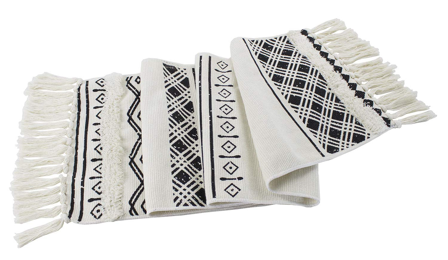 Fennco Styles Boho Farmhouse Woven Fringe Tasseled 14 x 71 Inch Tribal Table Runner – White and Black Table Runner for Everyday Use, Dinner Parties, Special Events and Home Décor