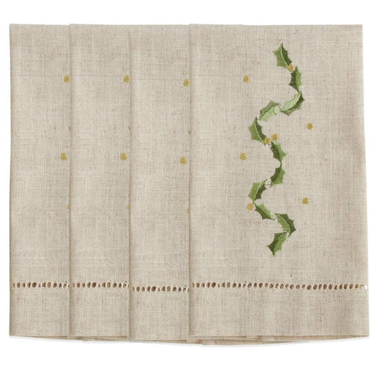 Fennco Styles Embroidered and Hemstitched Design Holly Leaf Linen-Poly Guest Towels 14 x 22 Inch, Set of 4 – Natural Modern Hand Towels for Christmas, Bathroom Decor, Bar Accessories, Wedding Gift