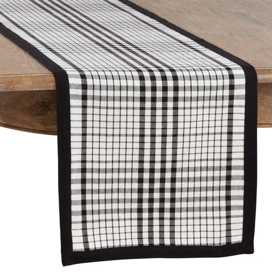 Fennco Styles Timeless Plaid with Banded Edge Design 100% Cotton Table Runner 16 x 72 Inch - Black White Tartan Table Cover for Home Décor, Dining Table, Banquets and Holiday Events