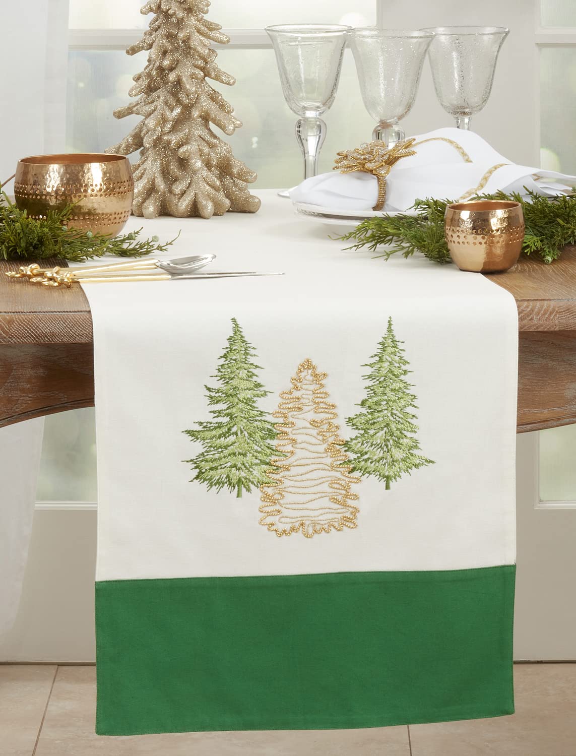 Fennco Styles Embroidered Christmas Trees Cotton Table Runner 16" W x 72" L - Green Festive Table Cover for Home, Dining Room, Banquets and Winter Holiday Décor