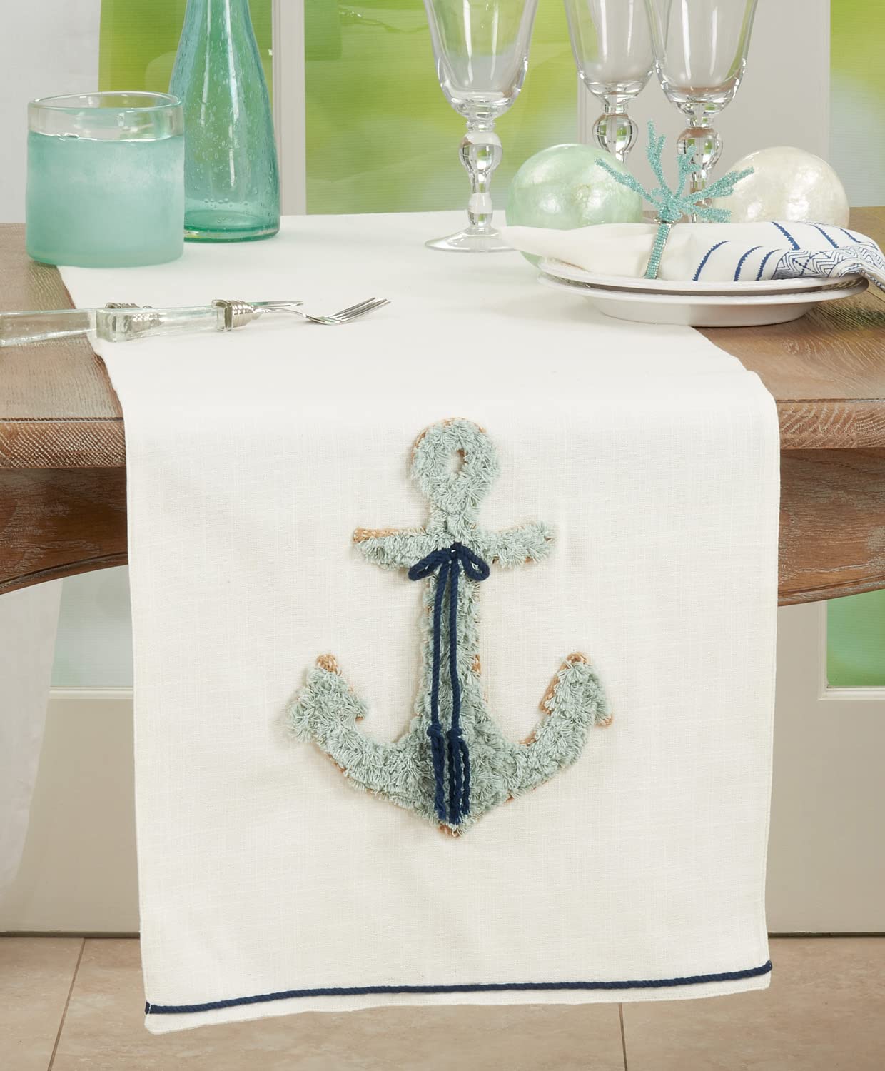 Fennco Styles Nautical Anchor Appliqué Table Runner 16 x 72 Inch – Blue Coastal Table Runner for Home, Dining Room, Banquets, Family Gatherings and Special Events