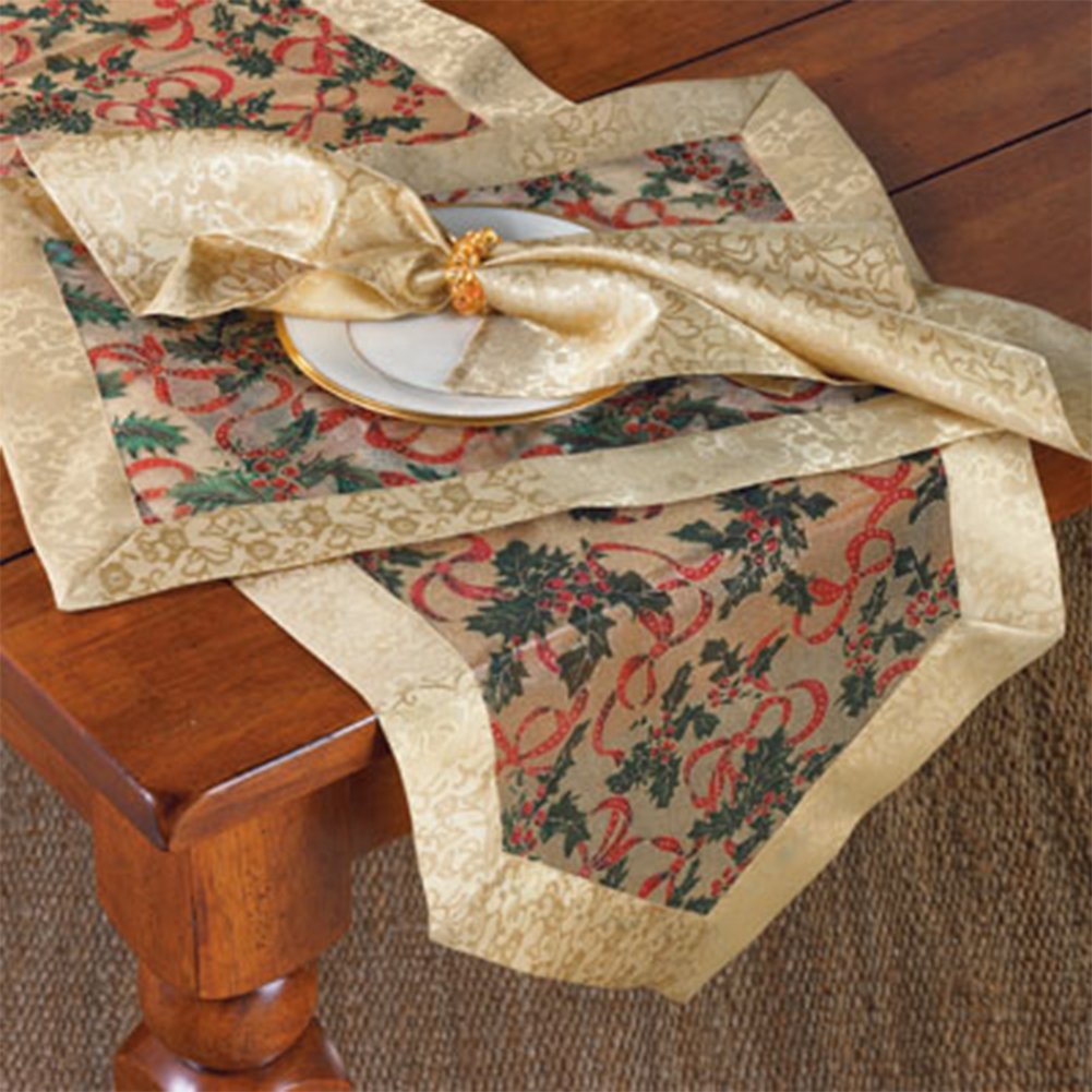 Fennco Styles Holly Ribbon Holiday Christmas Sheer Tablecloth - Gold Satin Border and Tassels Table Cover for Family Dinner, Banquets, Special Events and Home Decor