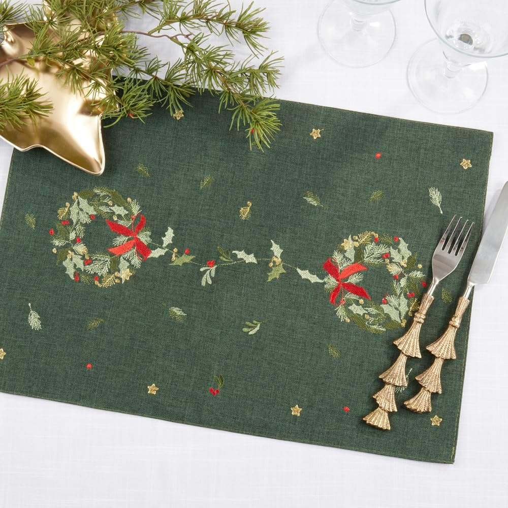 Fennco Styles Embroidered Wreath Christmas Placemats 14" X 20", Set of 4 - Green Festive Table Mats for Winter Holidays Décor, Banquet, Family Gathering, and Special Occasions