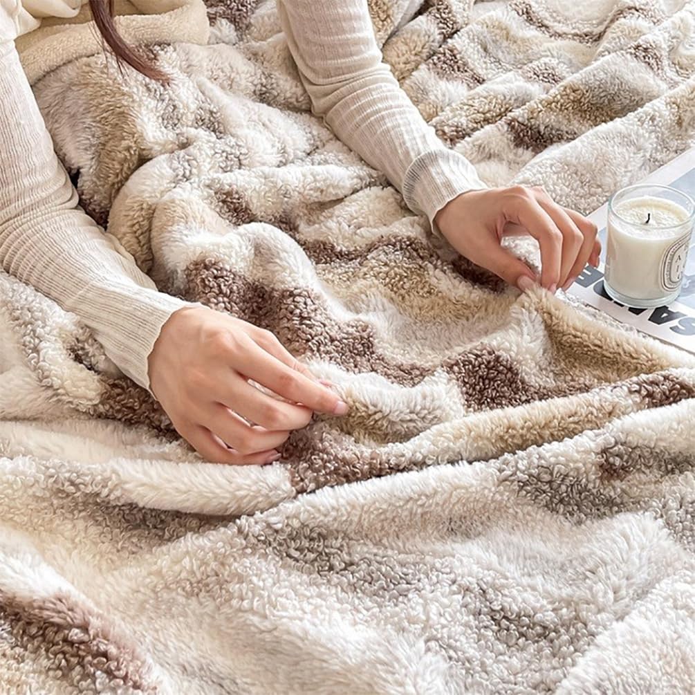 Fennco Styles Beige Stripe Fuzzy Faux Fur Fleece Throw Blanket 60" W x 80" L – Reversible Plush Fluffy Soft Blanket for Home, Couch, Bedroom, Living Room, Office, and Holiday Décor