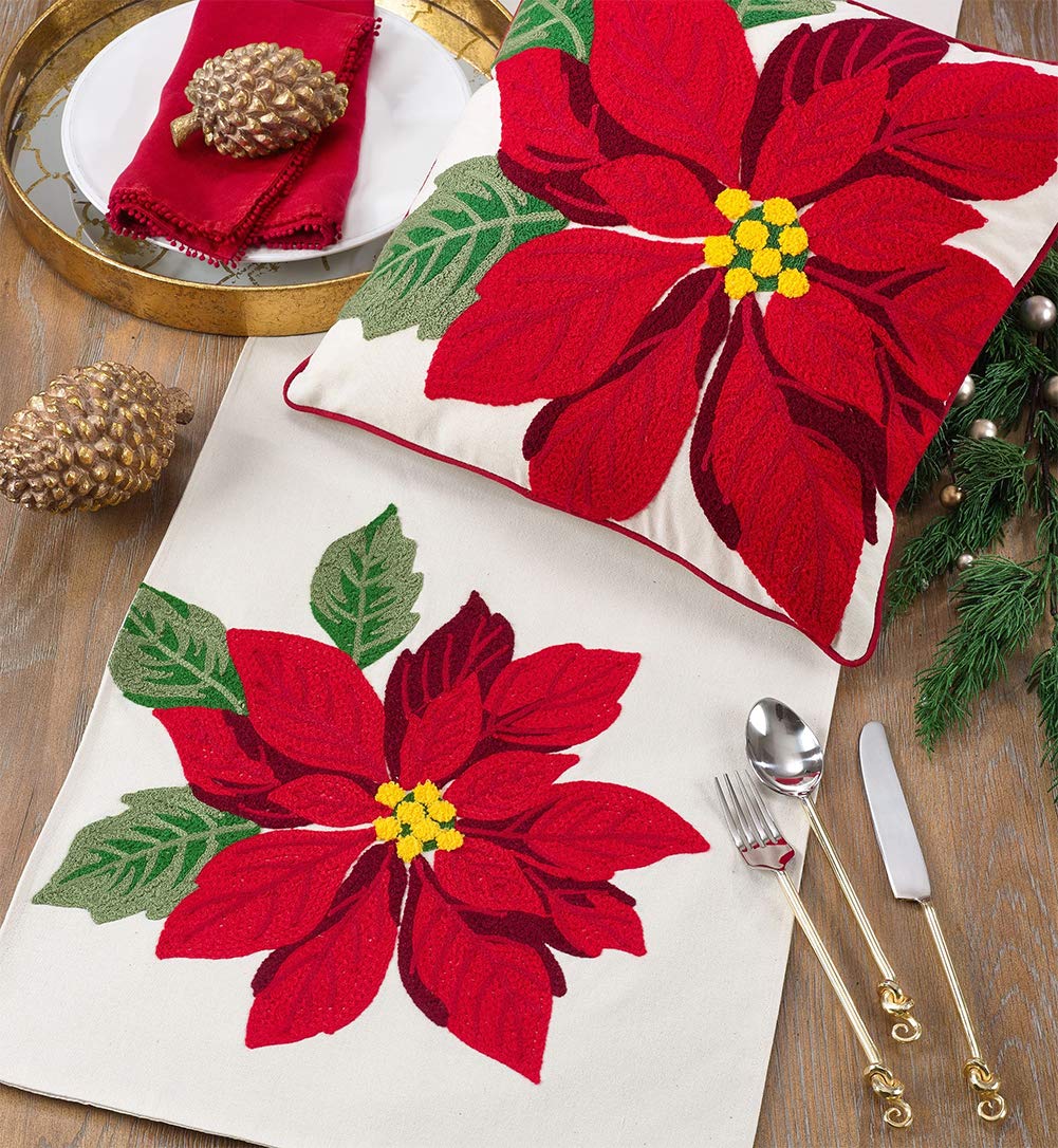 Fennco Styles Classic Holiday Embroidered Poinsettia Table Runner, 16"X72" Rectangular