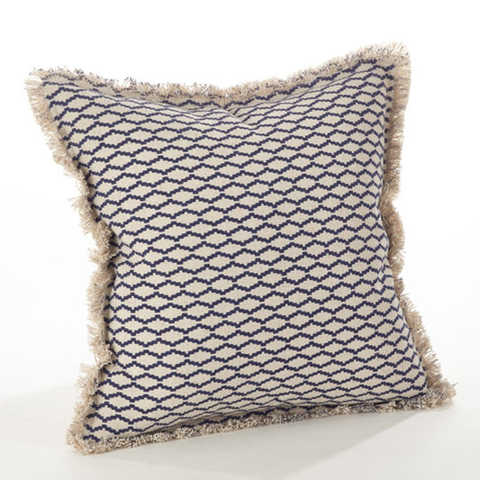 Fennco Styles Canberra Collection Fringed Morocan Design Cotton Down Filled Cotton Throw Pillow 20" W x 20" L - Navyy Blue Accent Pillow for Couch, Bedroom, Living Room and Office Decor