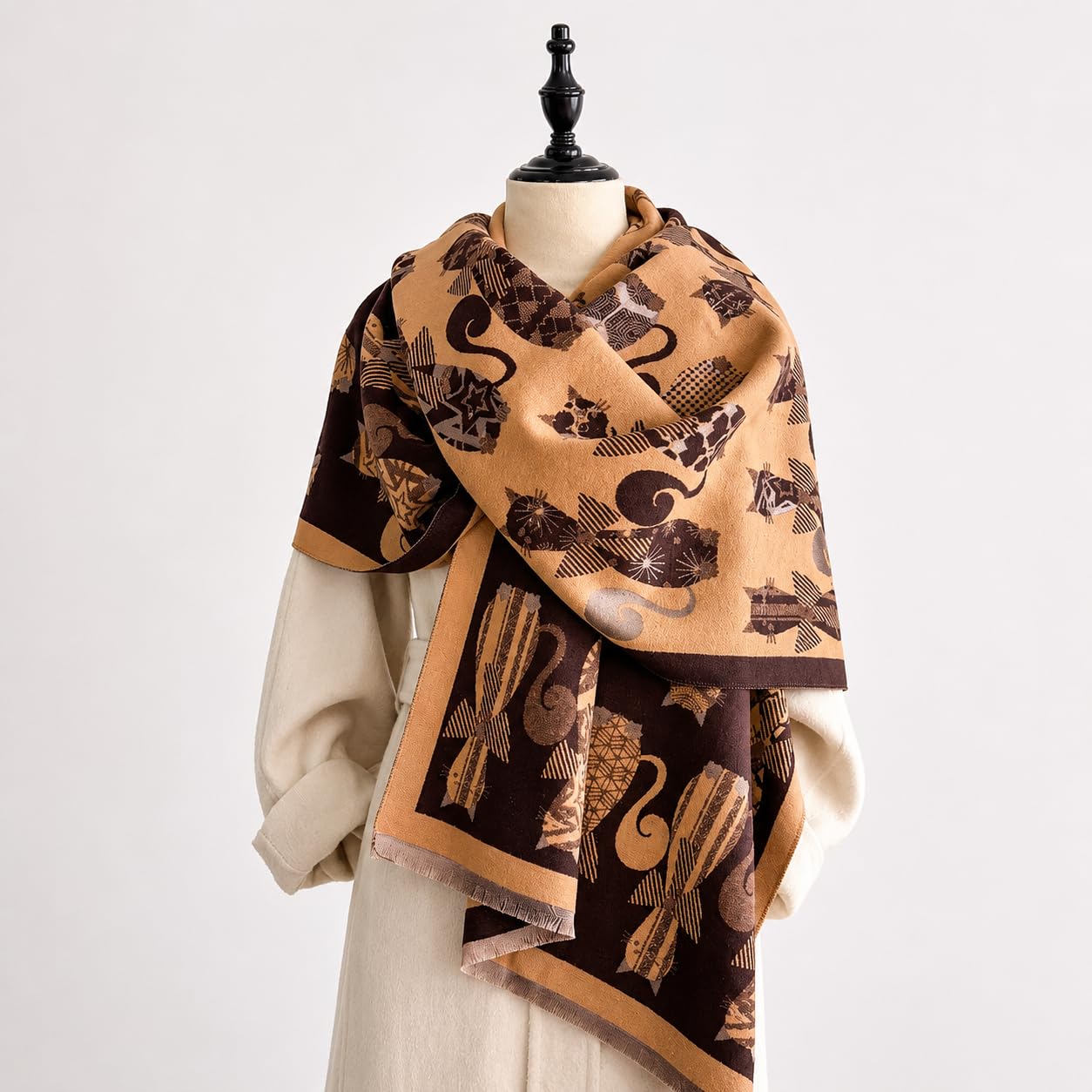 stylesilove Women's Cat Print Shawl Wrap, Soft Reversible Acrylic Scarf, Oversized Winter Poncho Cape for Travel & Gifts