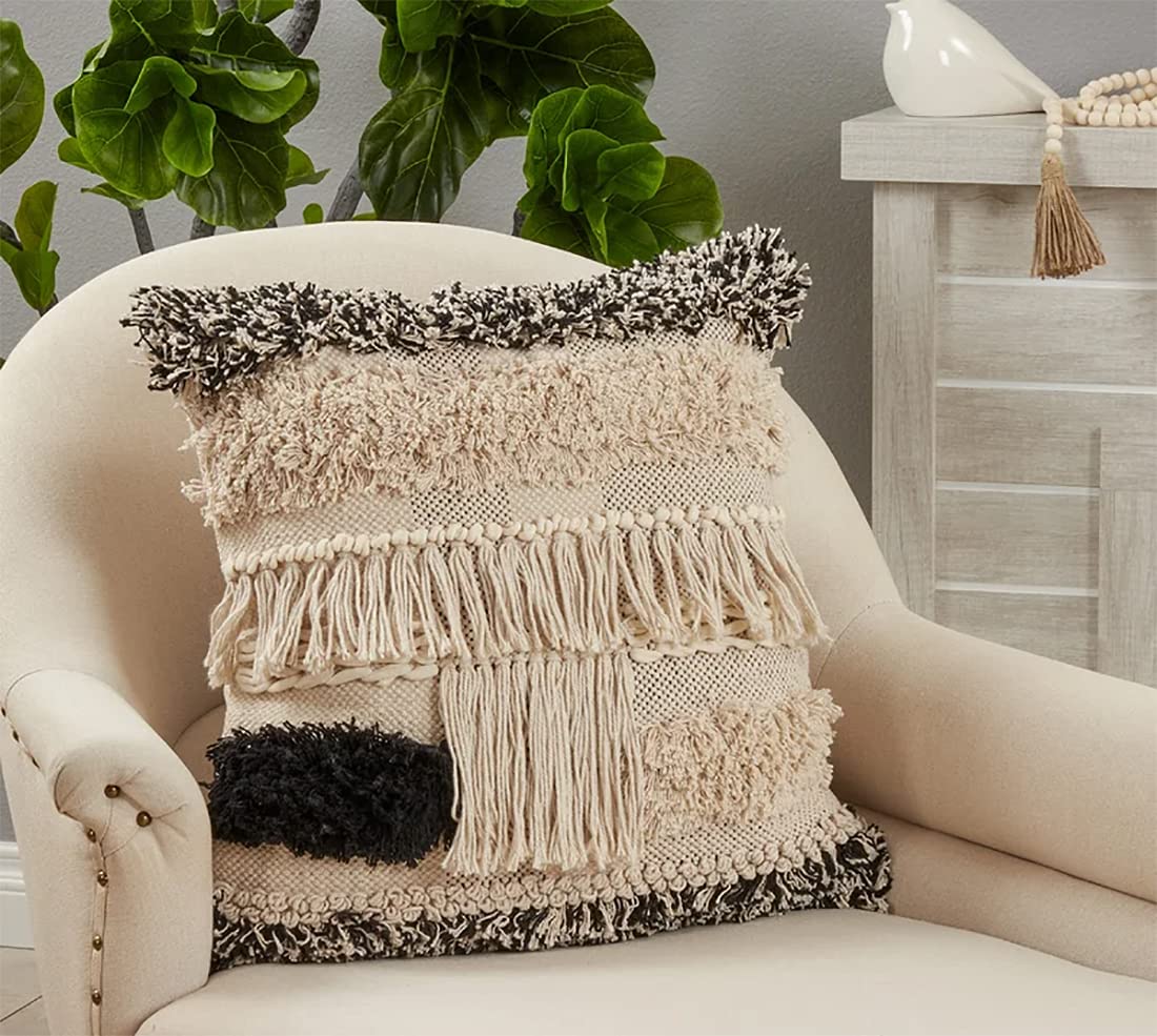 Fennco Styles Embroidered Tufted Fringe Cotton Decorative Throw Pillow 20" W X 20" L – Black & White Textured Cushion for Couch, Sofa, Bedroom, Office and Living Room Décor
