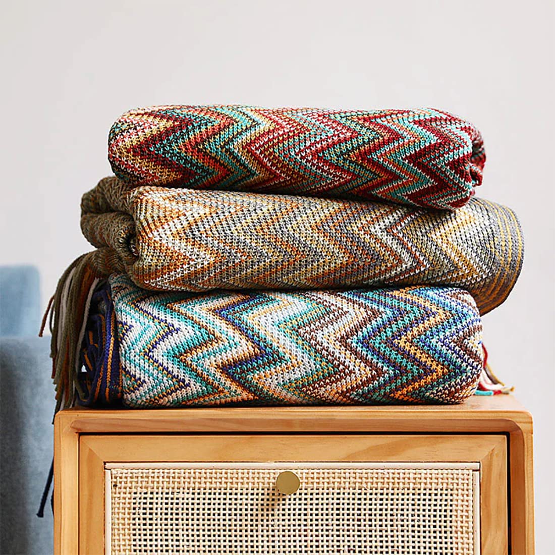 Fennco Styles Knitted Zigzag Soft Boho Throw Blanket with Tassel 50" W x 60" L - Colorful Crochet Chevron Tapestry Blanket for Indoor Outdoor Use, Couch, Bedroom, Living Room, Office Décor