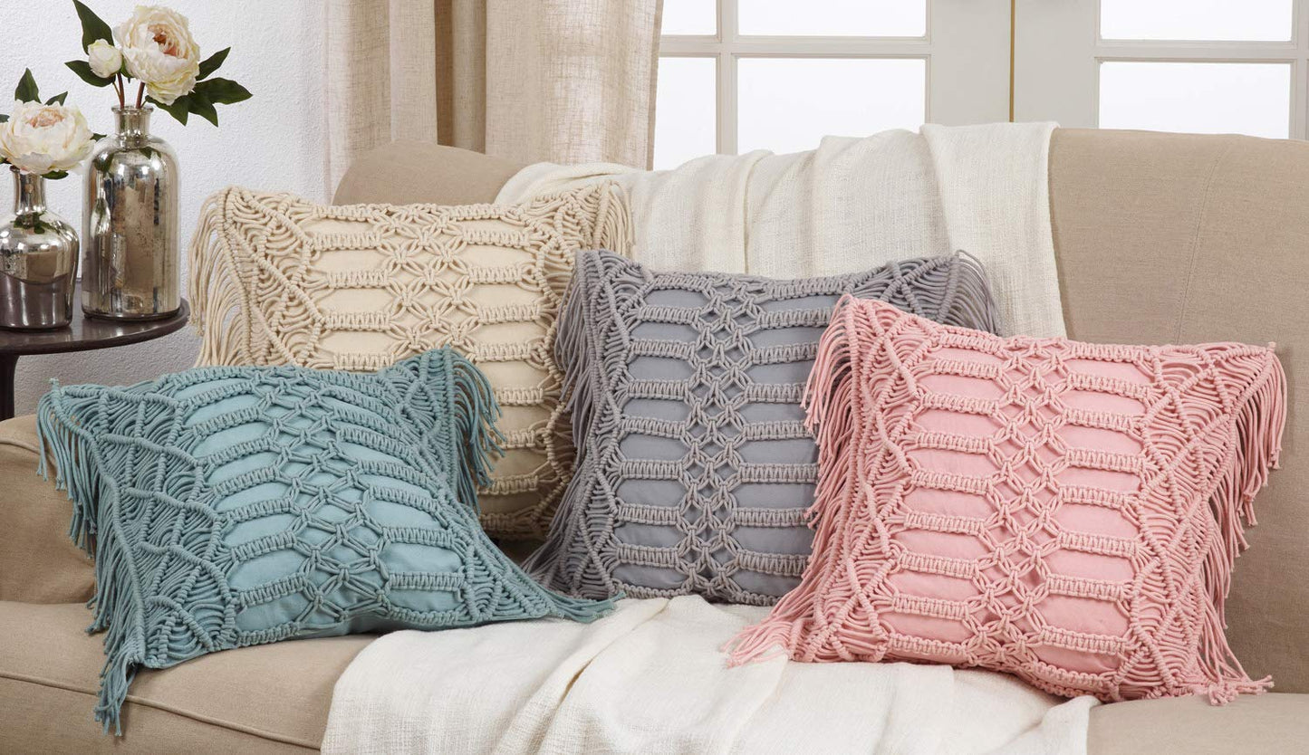 Fennco Styles Macramé Collection Shabby Chic Stripe Fringed Trim 100% Pure Cotton 18 x 18 Inch Throw Pillow with Case & Insert – Mint Accent Pillow for Couch, Bedroom and Living Room Décor