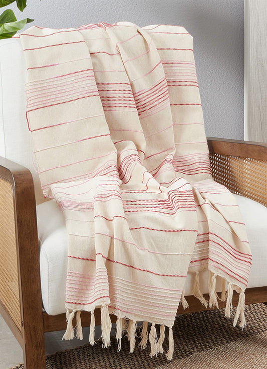 Fennco Styles Textured Stripe Cotton Throw Blanket with Tassel 50" W x 60" L – Red Woven Line Blanket for Couch, Bedroom and Living Room Décor