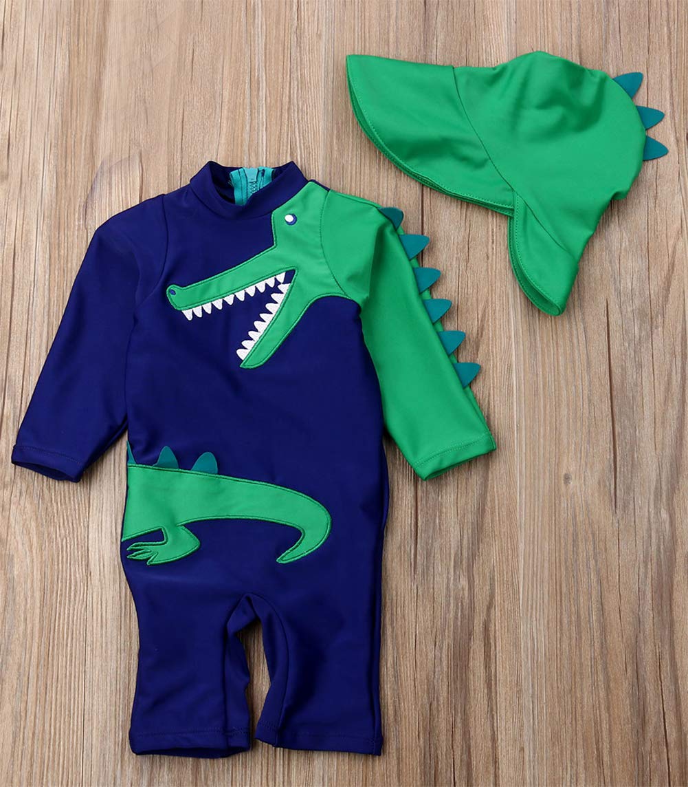 Styles I Love Baby Toddler Boys Crocodile One-Piece Short Sleeve Zipper Rash Guard & Sun Hat 2pcs Swimsuit Beach Bathing Suit