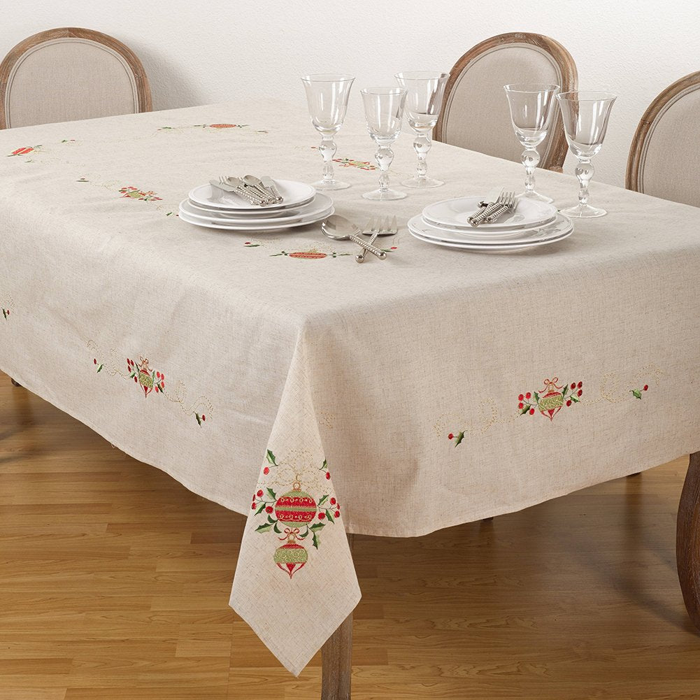 Fennco Styles Embroidered Ornament Design Christmas Holiday Linen Blend Tablecloth