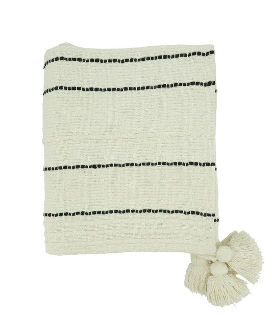 Fennco Styles Stripe Cotton Throw Blanket with Chunky Tassel 50" W x 60" L - Ivory Woven Blanket for Couch, Bedroom, Living Room and Office Décor