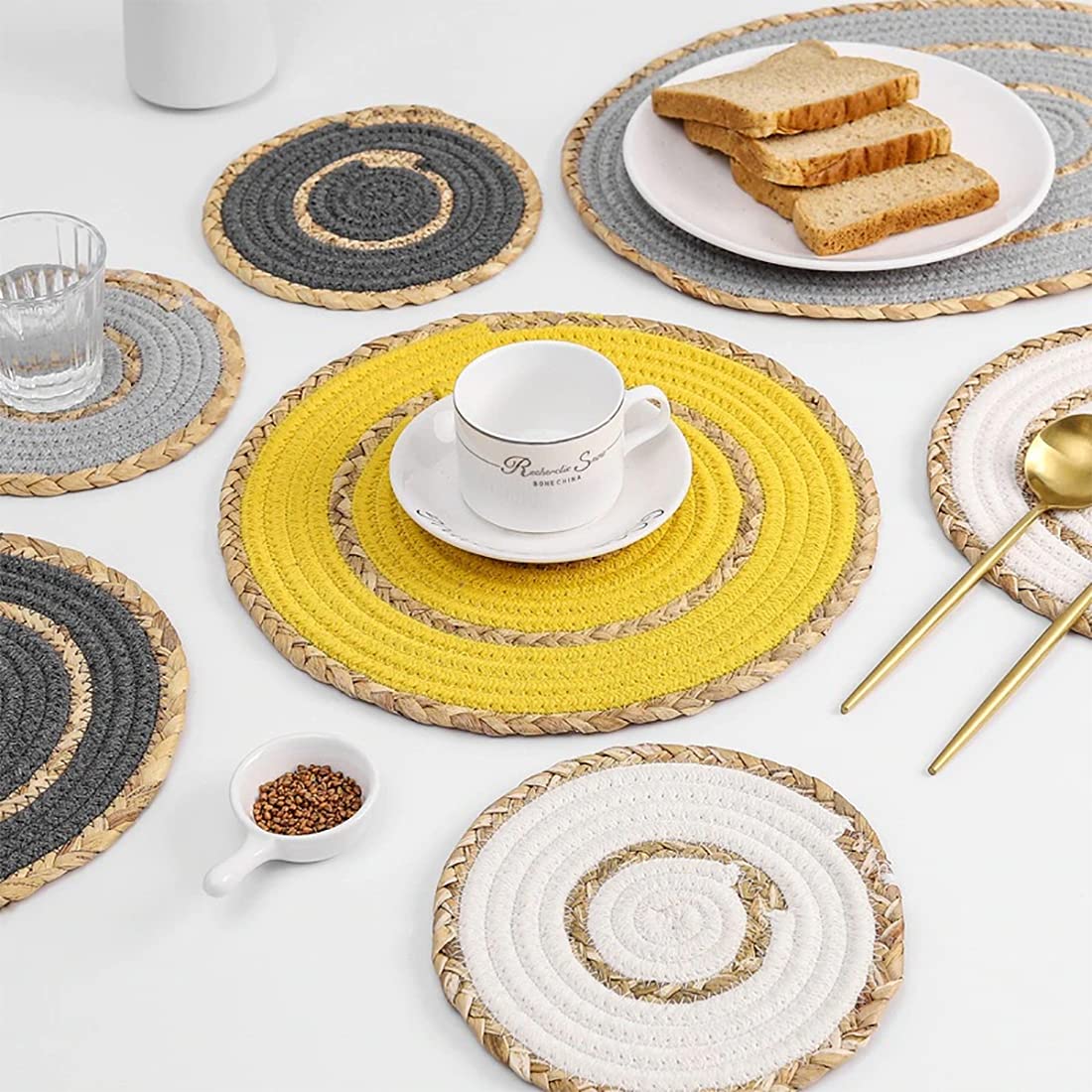 Fennco Styles Hand-Woven Rattan Cotton Rope Braided Placemats 12-Inch Round, Set of 4 - Heat Resistant Insulation Table Mats for Home, Boho Décor, Dining Table, Banquets and Special Events