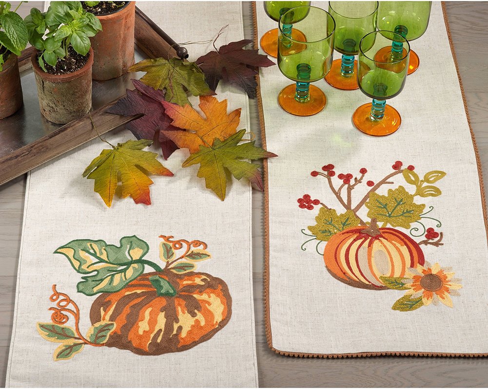 Fennco Styles Embroidered Pumpkin Colletion Holiday Thanksgiving Table Runner