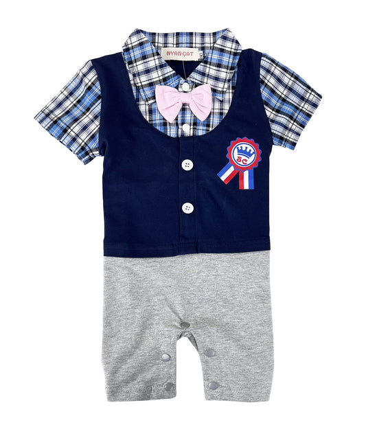 Styles I Love Infant Toddler Baby Boy Plaid Award Badge Tuxedo Baby Cotton Romper (Navy, 95/18-24 Months)