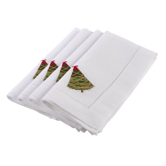 Fennco Styles Embroidered Christmas Tree Design Guest Towels Cotton Linen Kitchen Hand Towels 14"W X 22"L, Set of 4