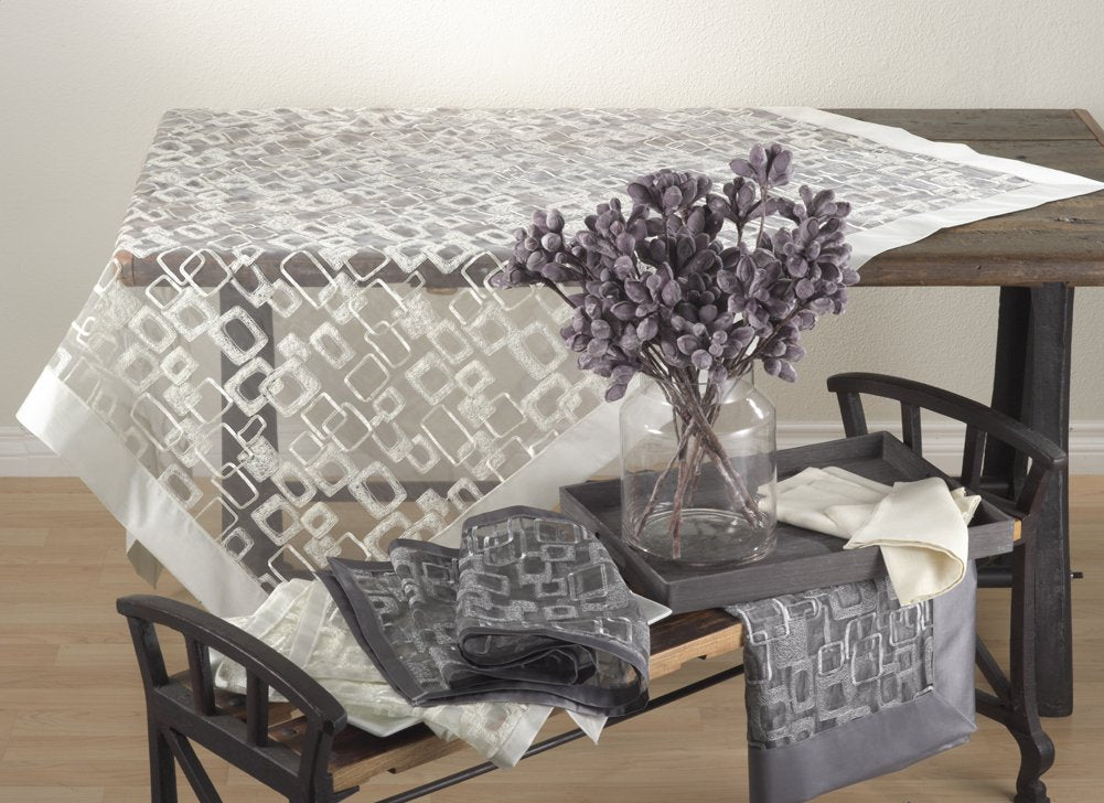Fennco Styles Embroidered Geometric Sheer Placemats 13" W x 19" L, Set of 4 - Silver Table Mats for Home, Dining Room, Banquets, Christmas and Special Events