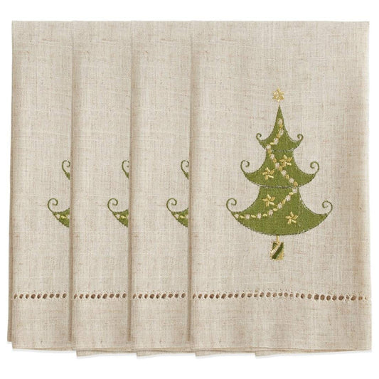 Fennco Styles Embroidered and Hemstitched Design Lighted Christmas Tree Linen-Poly Guest Towels 14 x 22 Inch, Set of 4 – Natural Modern Hand Towels for Bathroom Decor, Bar Accessories, Wedding Gift