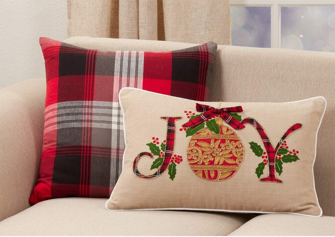 Fennco Styles Classic Plaid Cotton Decorative Throw Pillow 20" W x 20" L - Red Festive Cushion for Home, Couch, Living Room, Holidays, Christmas Décor and Special Occasion