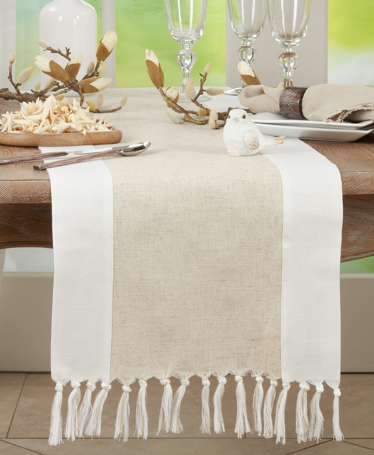 Fennco Styles Two-Tone Banded Design Table Runner with Tassel 16" W x 72" L - Natural & White Linen Blend Table Cover for Everyday Use, Banquets, Family Gathering and Special Events