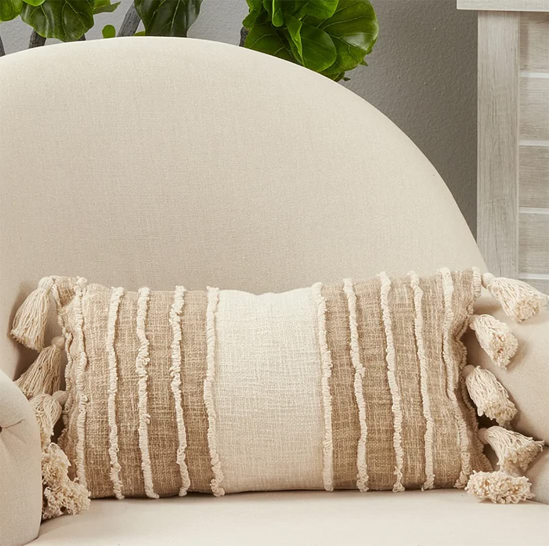 Fennco Styles Striped Tassel Design Cotton Decorative Throw Pillow 12" W x 20" L – Ivory Fringe Cushion for Home, Couch, Bedroom, Living Room and Office Décor