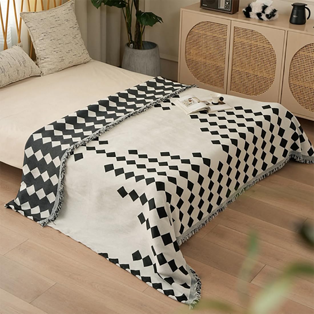 Fennco Styles Diamond Fringe Chenille Reversible Throw Blanket 50" W x 72" L - Black and White Geometric Woven Soft Blanket for Bed, Couch, Sofa, Home, Office and Holidays Décor