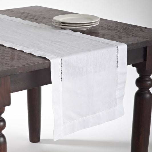 Fennco Styles Classic Handmade Hemstitch Boarder Linen Blend 16 x 72 Inch White Table Runner for Dining Table, Banquet, Wedding, Family Dinner