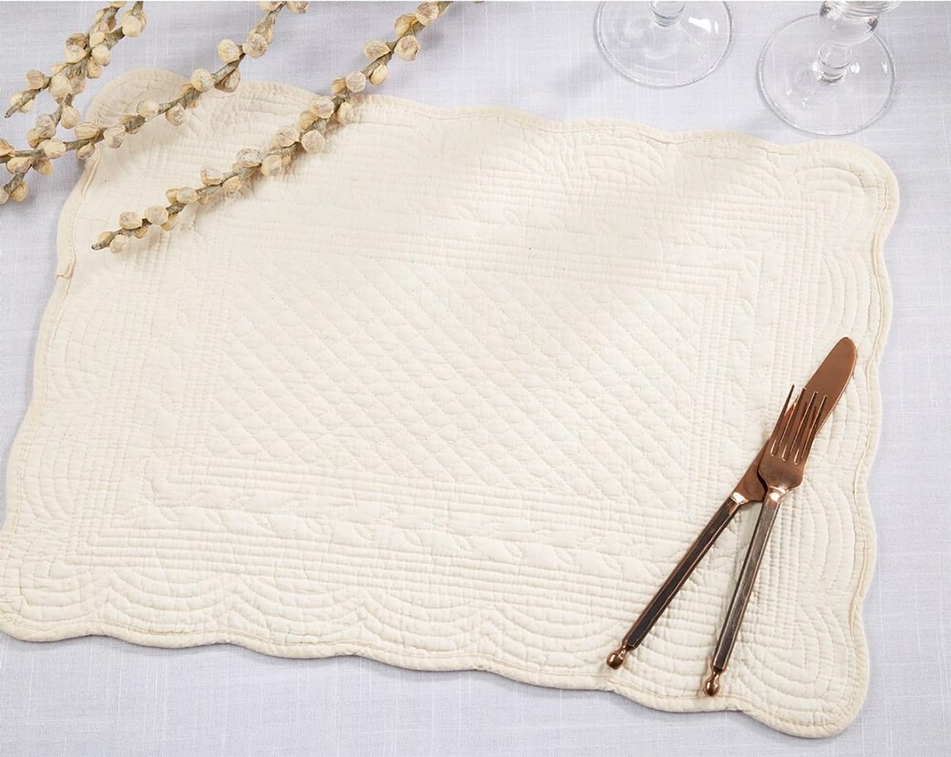 Fennco Styles Ivory Quilted Placemats 14" W X 20" L, Set of 4-100% Cotton Elegant Table Mats for Everyday Use, Dining Room Décor, Family Gatherings and Special Occasions