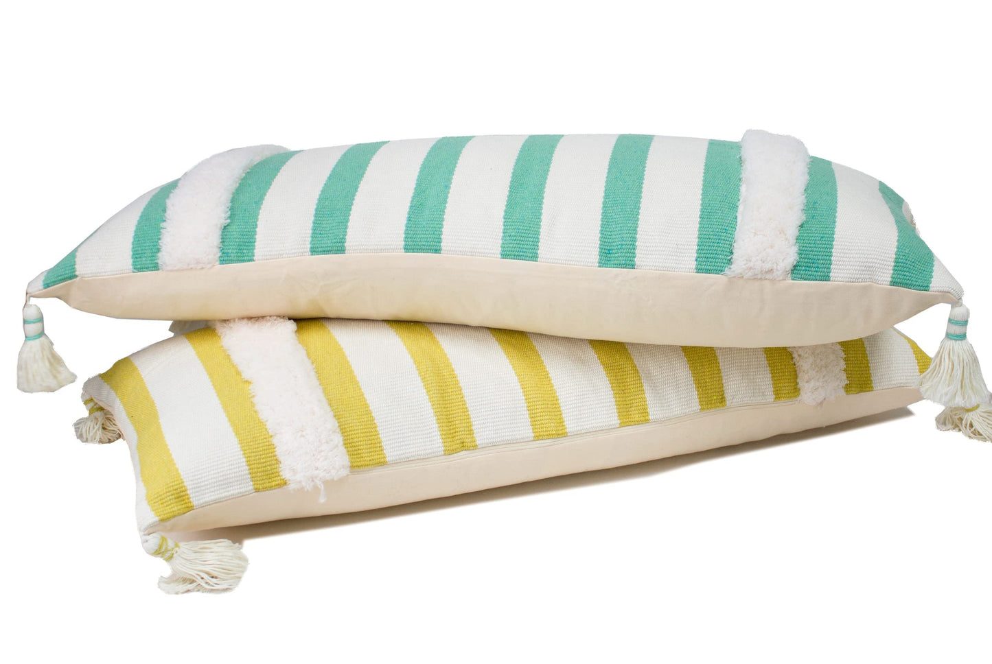 Fennco Styles Handcrafted Tufted Striped Tassel Decorative Lumbar Throw Pillow Cover 14" W x 32" L - Cushion Case for Home, Couch, Living Room, Bedroom, Office Décor