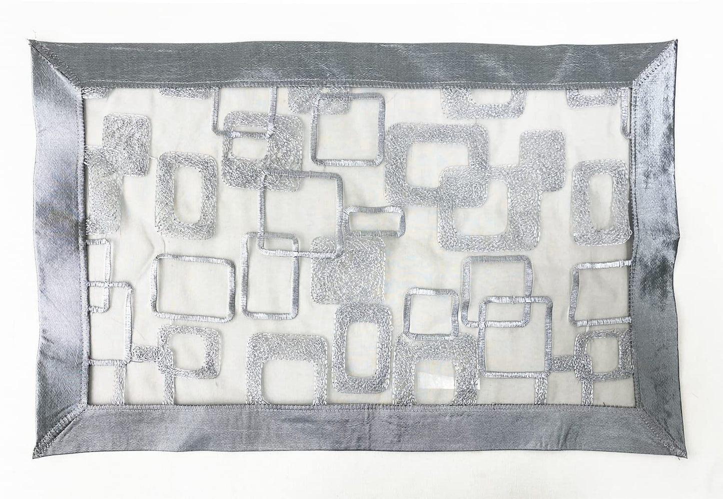 Fennco Styles Embroidered Geometric Sheer Placemats 13" W x 19" L, Set of 4 - Silver Table Mats for Home, Dining Room, Banquets, Christmas and Special Events