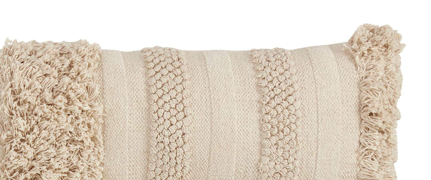 Fennco Styles Bohemian Fringe Stripe 100% Pure Cotton Decorative Throw Pillow with Case & Insert - Natural Lumbar Pillow for Couch, Bedroom and Living Room Decor
