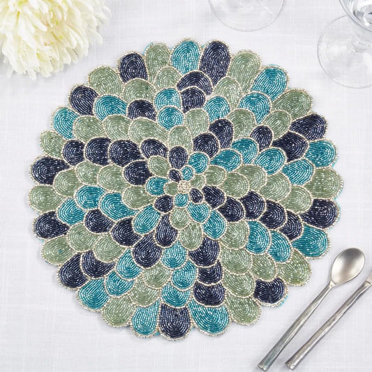 Fennco Style Beaded Peacock Placemat 14" Round, 1-Piece - Blue Glam Feather Inspired Table Mat for Home Décor, Family Gatherings, Birthdays and Special Events