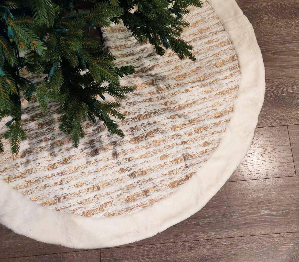 Fennco Styles Holiday Brushed Foil Print Faux Fur Christmas Tree Skirt - Metallic Design Tree Skirt for Home, Holiday Tree, Indoor and Special Occasion