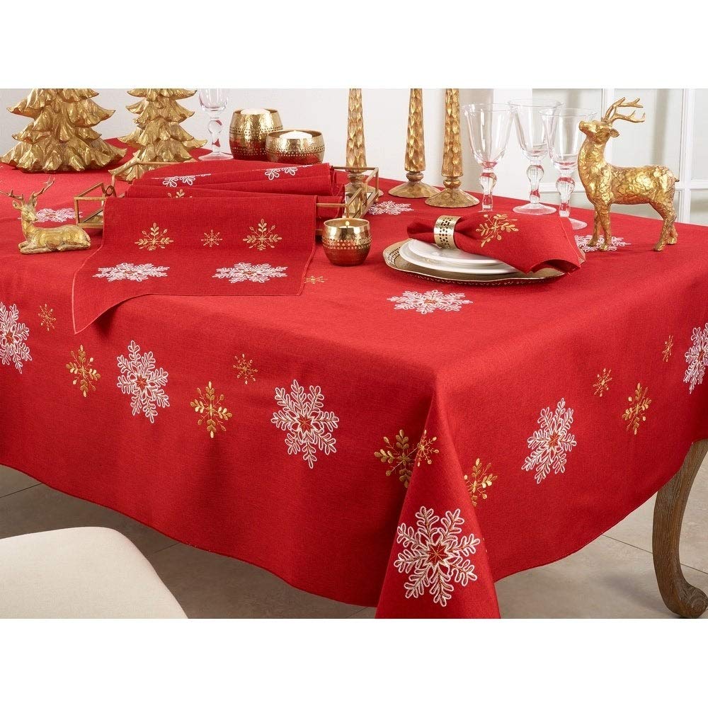 Fennco Styles Embroidered Snowflake Holiday Tablecloth - Silver Elegant Table Cover for Home Décor, Everyday Use, Christmas, Weddings and Special Events
