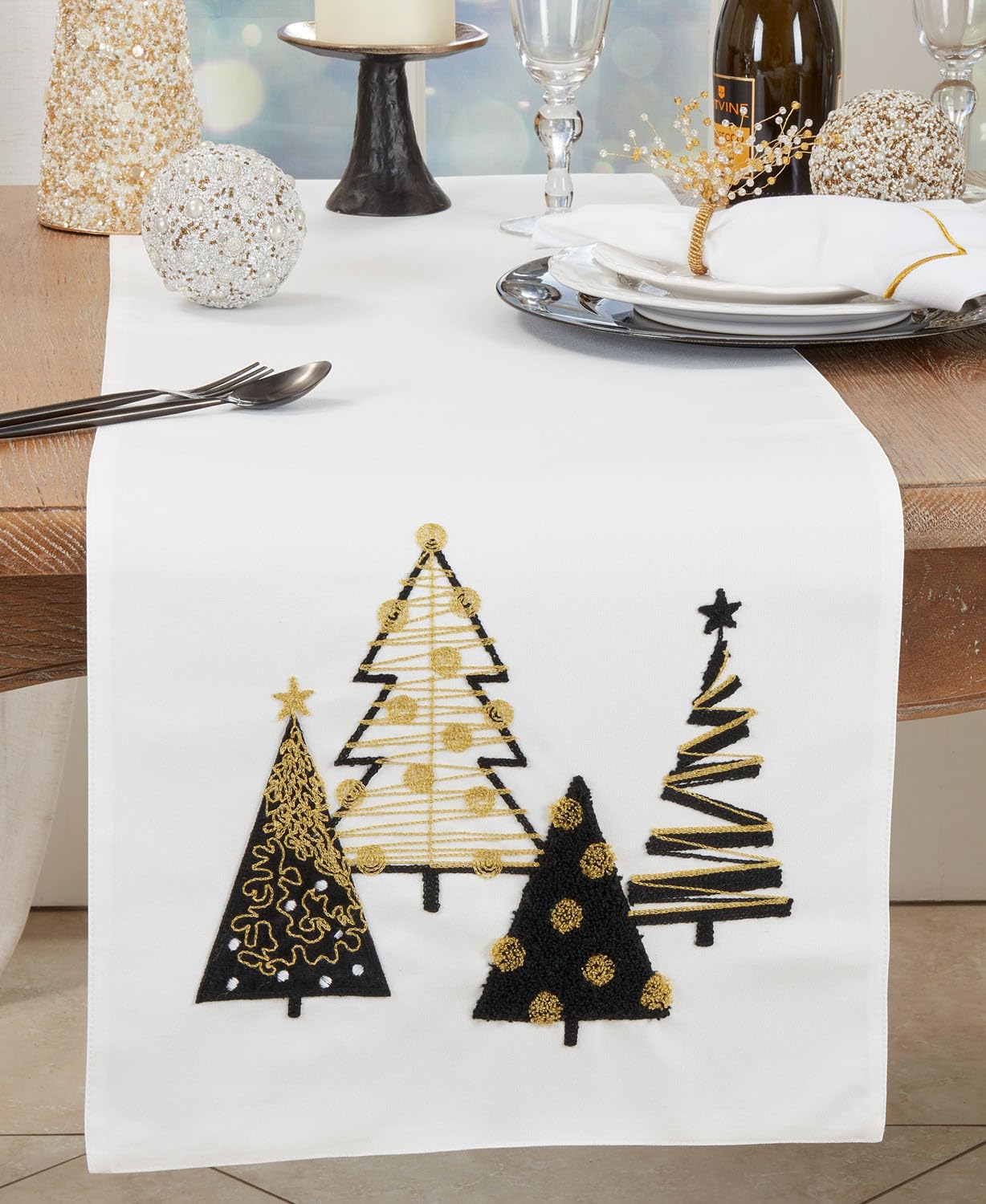 Fennco Styles Whimsy Christmas Tree Holiday Table Runner 16" W x 70" L - White Festive Charm Table Cover for Home, Dining Room, Banquets and Winter Festivals Décor