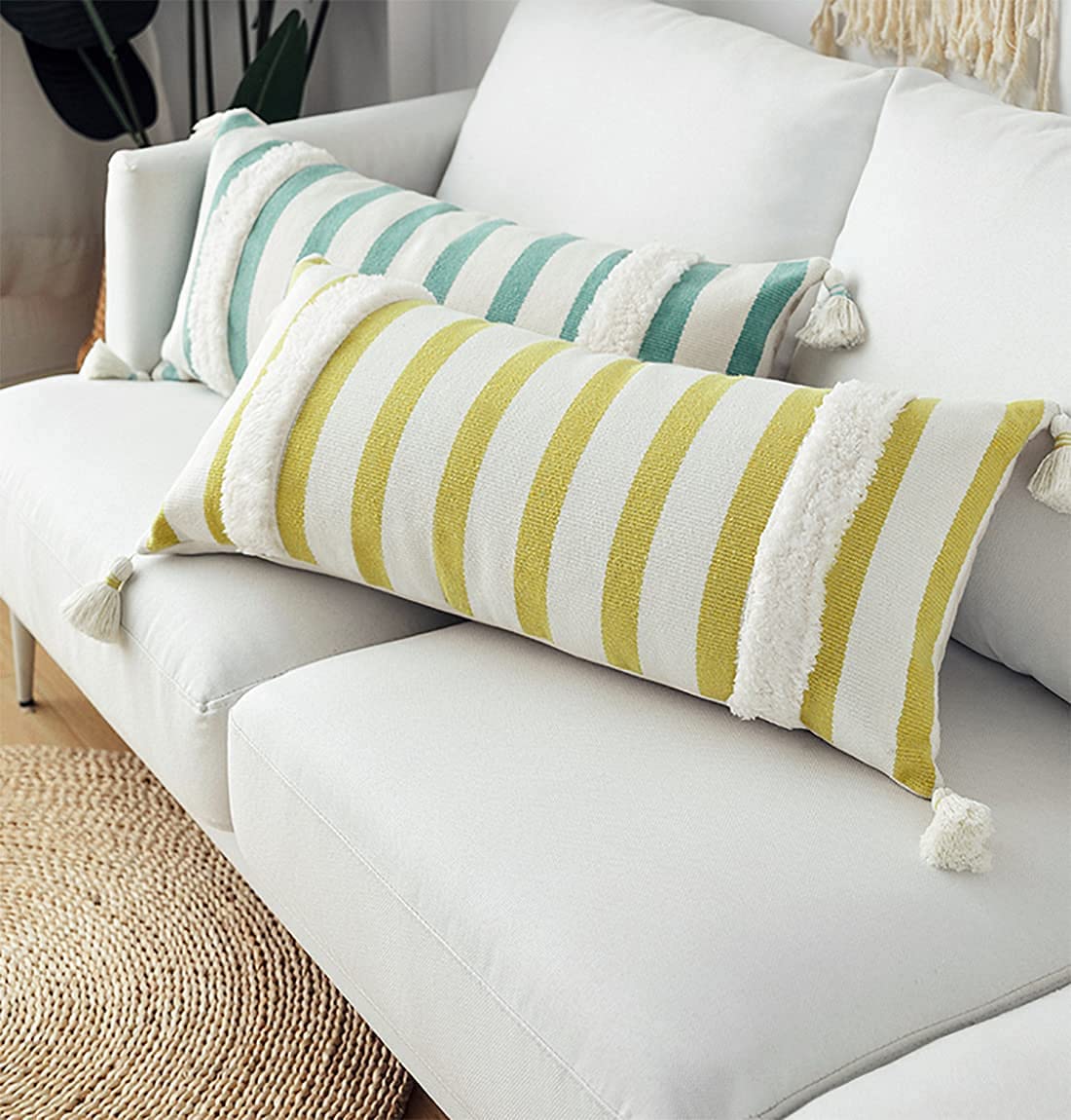 Fennco Styles Handcrafted Tufted Striped Tassel Decorative Lumbar Throw Pillow Cover 14" W x 32" L - Cushion Case for Home, Couch, Living Room, Bedroom, Office Décor