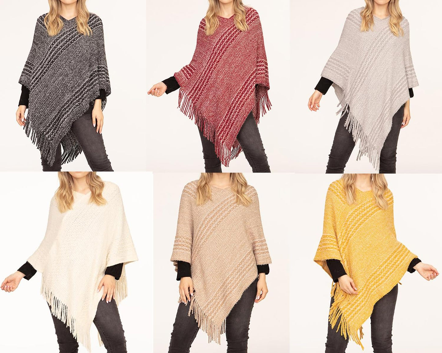 stylesilove Autumn Winter Women Stripe Knitted V-Neck Fringe Poncho Pullover Sweater Lightweight Cape Cozy Wrap Tassel Shawl
