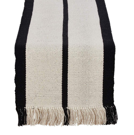 Fennco Styles Heavy Rug 100% Woven Cotton Black Striped Natural Table Runner with Thick Fringe, 16"x72" Rectangular