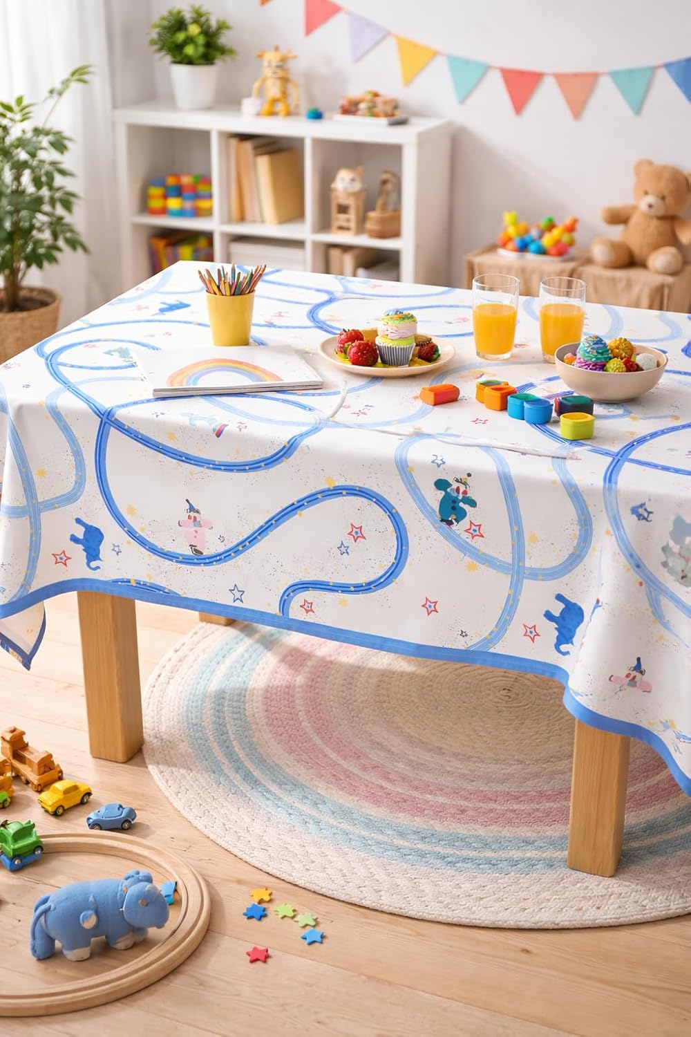Fennco Styles Playful Circus Scalloped Tablecloth 56" x 71" – Whimsical Fun Animal & Star Print Table Cover for Kids & Family Table Decor for Daily Meals, Parties & Playdates