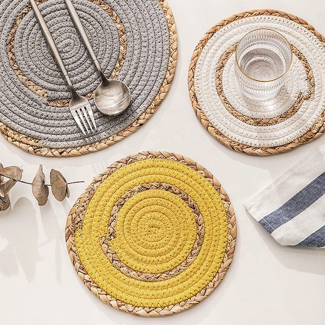Fennco Styles Hand-Woven Rattan Cotton Rope Braided Placemats 12-Inch Round, Set of 4 - Heat Resistant Insulation Table Mats for Home, Boho Décor, Dining Table, Banquets and Special Events