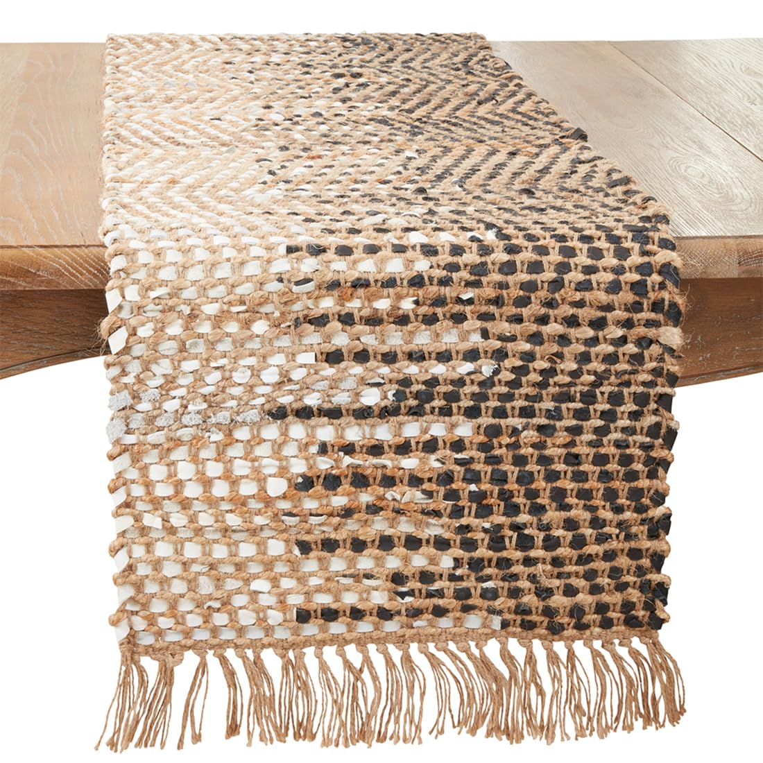 Fennco Styles Two-Tone Jute Leather Table Runner with Fringe 16" W X 72" L - Black & White Woven Rustic Table Cover for Home, Dining Room Décor, Banquets, Family Gatherings
