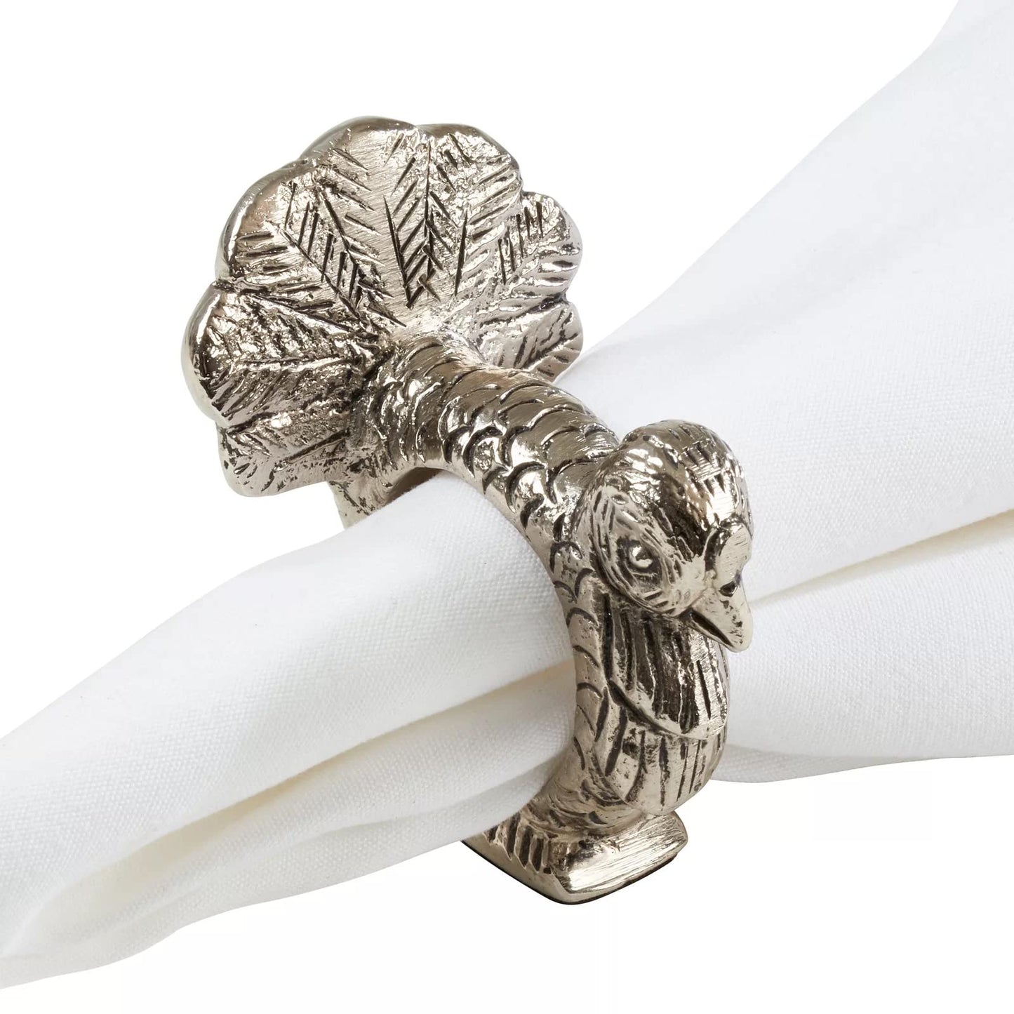 Fennco Styles Turkey Design Aluminum Decorative Napkin Rings, Set of 4 - Silver Animal Metal Napkin Holders for Home, Dining Room, Banquet, Family Gathering, Holiday and Special Occasion