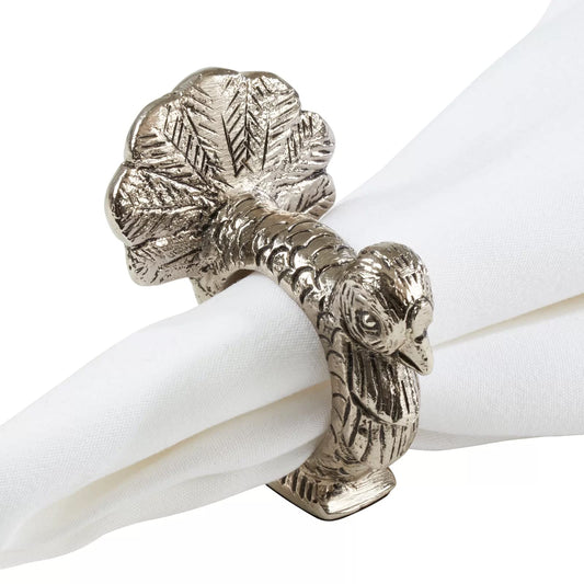 Fennco Styles Turkey Design Aluminum Decorative Napkin Rings, Set of 4 - Silver Animal Metal Napkin Holders for Home, Dining Room, Banquet, Family Gathering, Holiday and Special Occasion