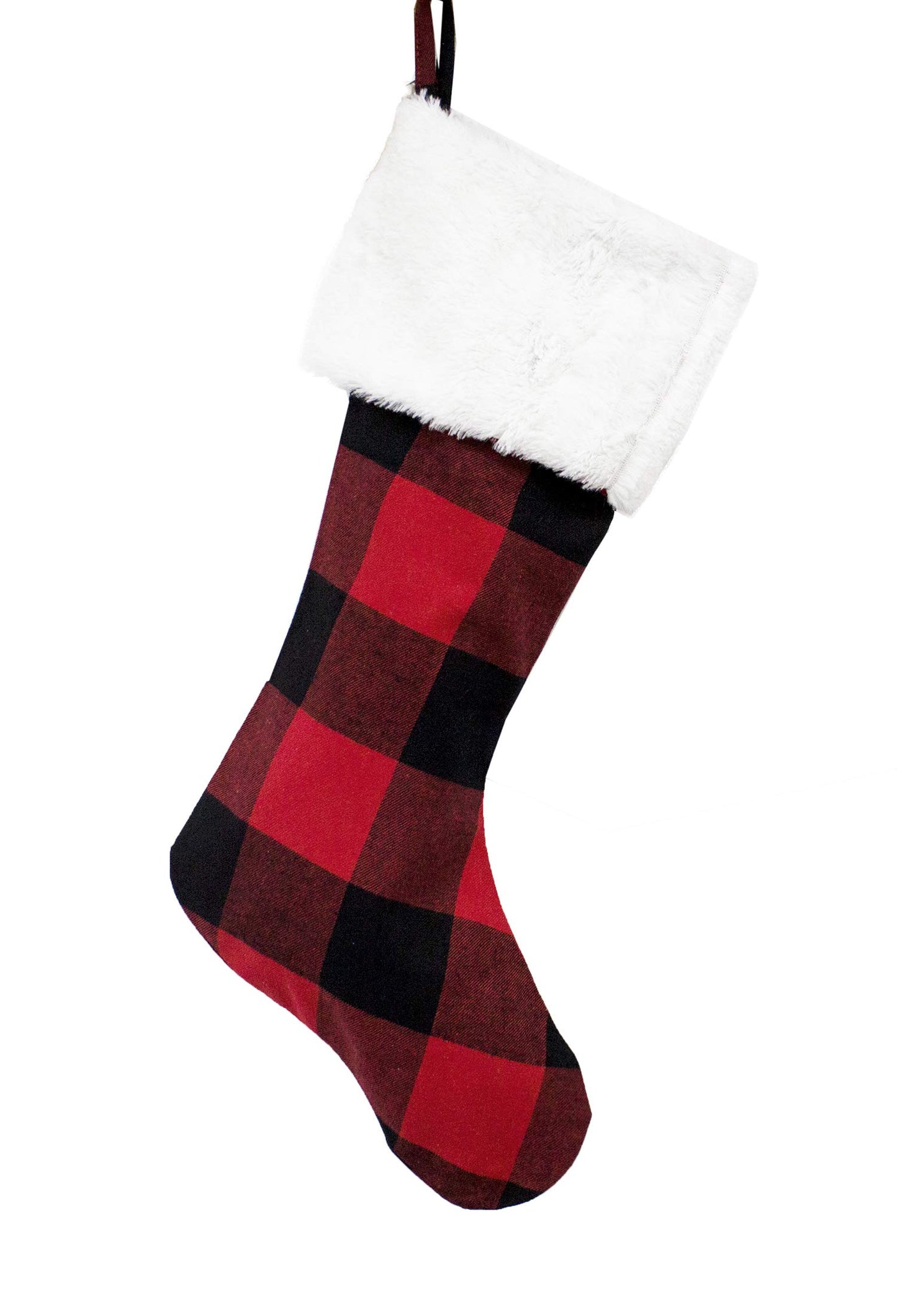 Fennco Styles Red and Black Buffalo Plaid with White Faux Fur Design Christmas Stocking 13" W x 19" L - Festive Hanging Stocking for Home, Christmas Tree, Fireplace, Office and School Décor