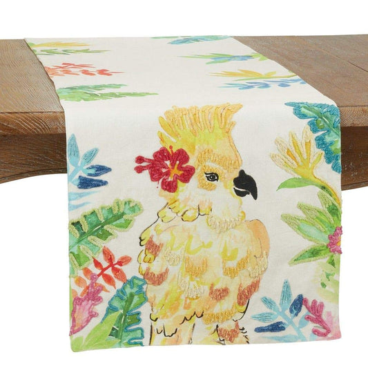 Fennco Styles Embroidered Parakeet Cotton Table Runner 16" W x 72" L - Multicolored Table Cover for Home, Dining Table, Banquet, Family Gathering and Special Occasion